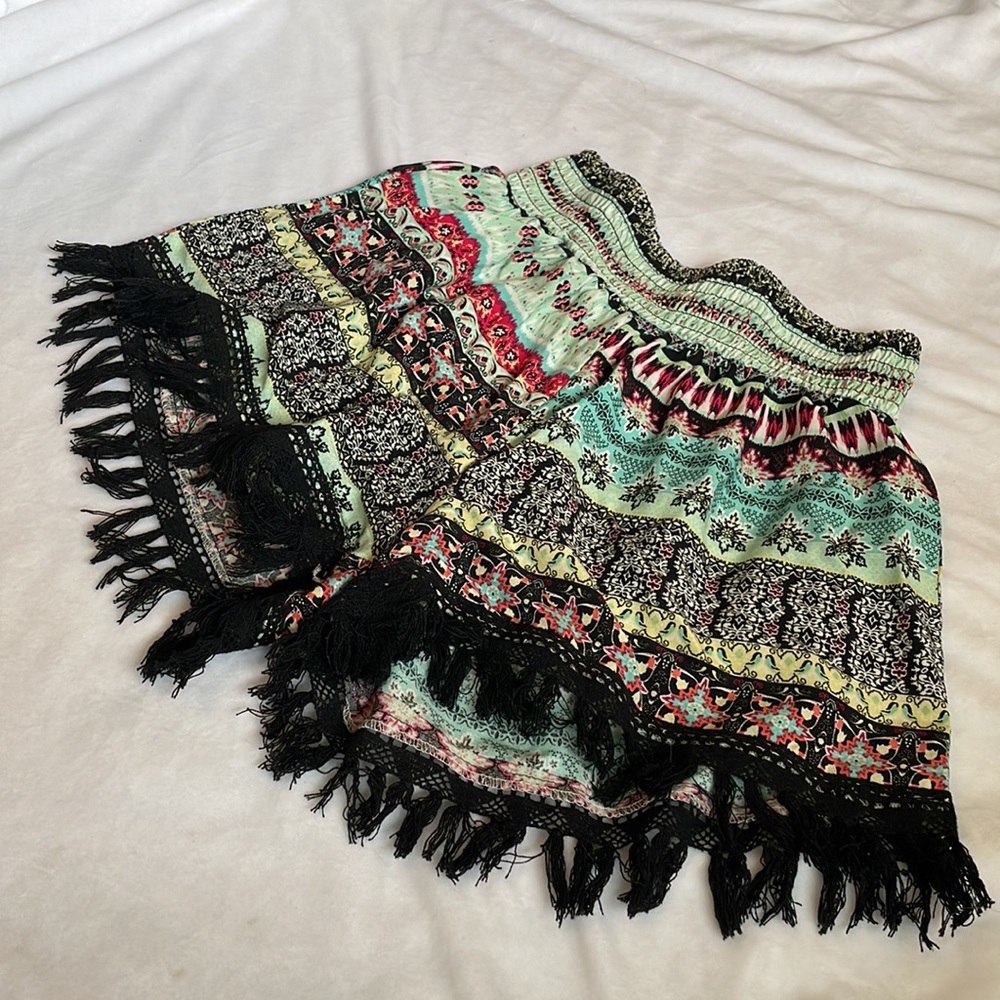 Multi color patterned shorts with tassels and elastic waist band rue 21 shorts